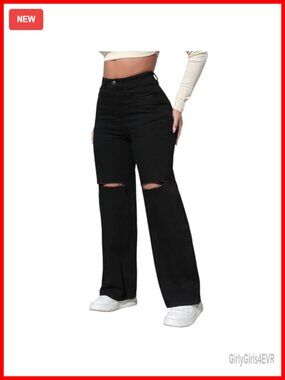 High Waisted Ripped Wide Leg Baggy Jeans Spandex Cotton Boyfriend Fit